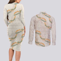 Aloha Pakalana and Puakenikeni Lei Couples Matching Long Sleeve Bodycon Dress and Long Sleeve Button Shirt Beige Hawaiian Pattern LT9 - Polynesian Pride