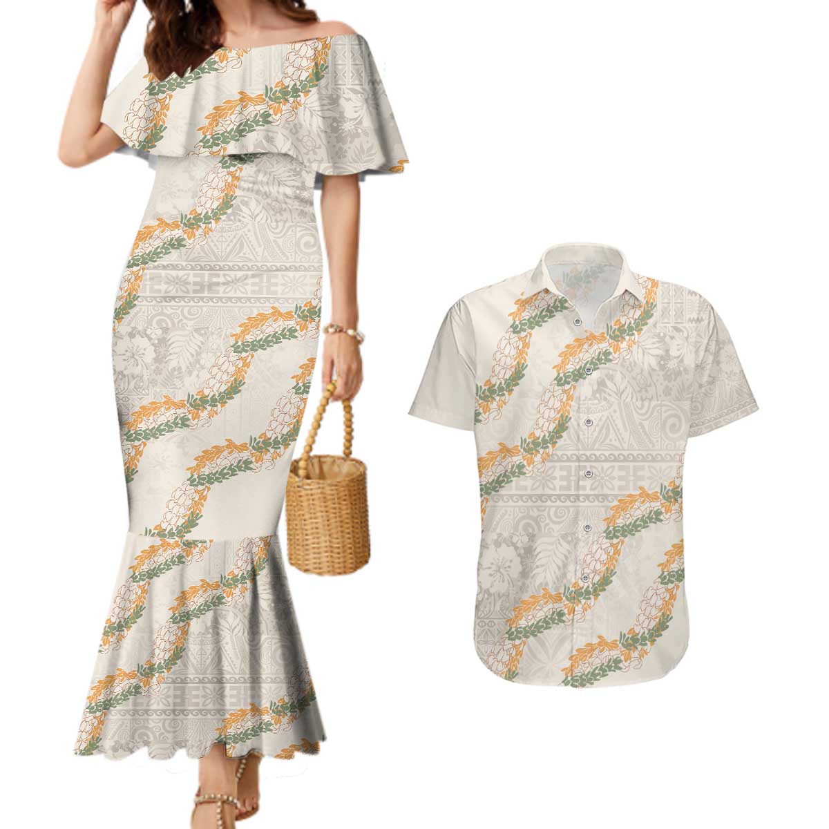 Aloha Pakalana and Puakenikeni Lei Couples Matching Mermaid Dress and Hawaiian Shirt Beige Hawaiian Pattern LT9 Beige - Polynesian Pride