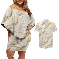 Aloha Pakalana and Puakenikeni Lei Couples Matching Off Shoulder Short Dress and Hawaiian Shirt Beige Hawaiian Pattern LT9 Beige - Polynesian Pride