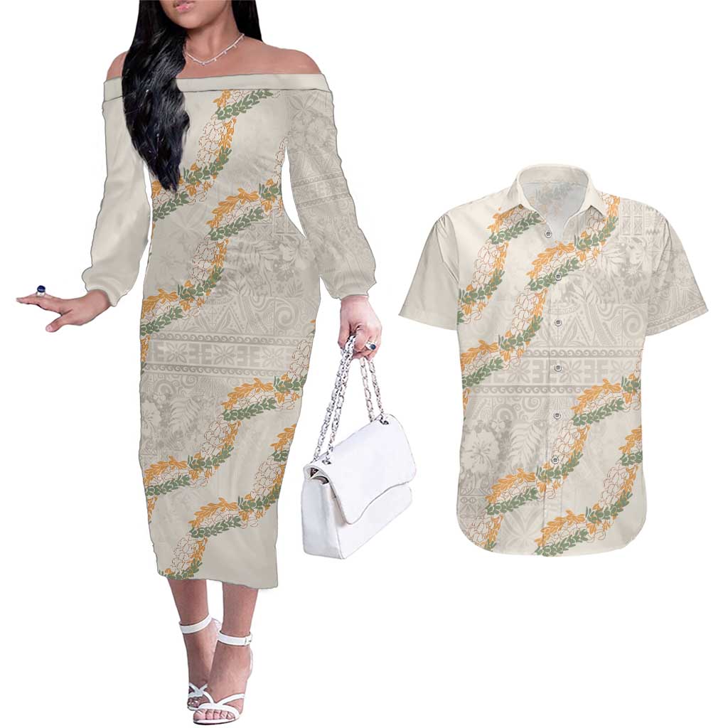 Aloha Pakalana and Puakenikeni Lei Couples Matching Off The Shoulder Long Sleeve Dress and Hawaiian Shirt Beige Hawaiian Pattern LT9 Beige - Polynesian Pride
