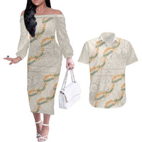 Aloha Pakalana and Puakenikeni Lei Couples Matching Off The Shoulder Long Sleeve Dress and Hawaiian Shirt Beige Hawaiian Pattern LT9 Beige - Polynesian Pride