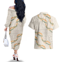 Aloha Pakalana and Puakenikeni Lei Couples Matching Off The Shoulder Long Sleeve Dress and Hawaiian Shirt Beige Hawaiian Pattern LT9 - Polynesian Pride