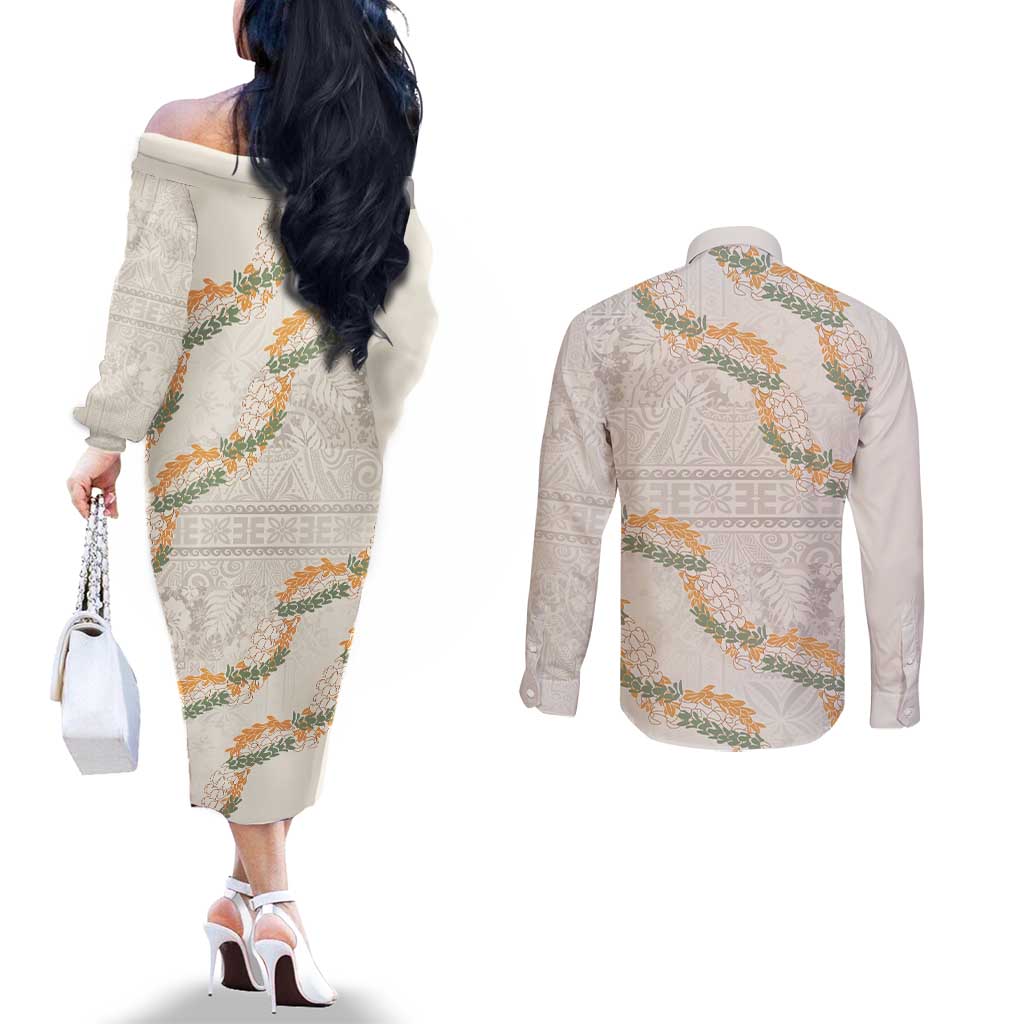 Aloha Pakalana and Puakenikeni Lei Couples Matching Off The Shoulder Long Sleeve Dress and Long Sleeve Button Shirt Beige Hawaiian Pattern LT9 - Polynesian Pride