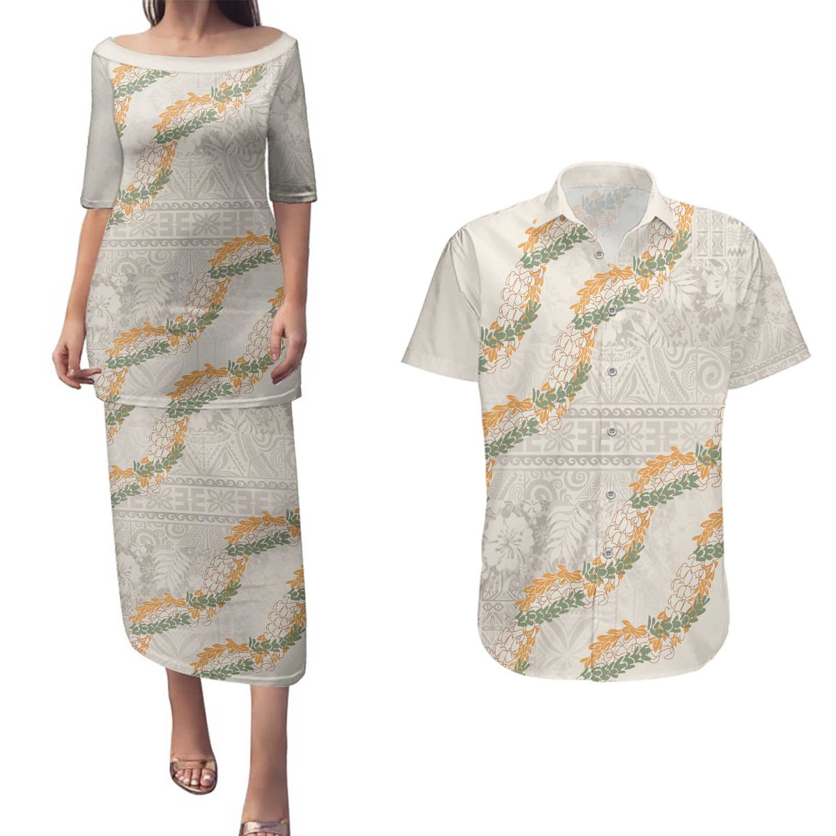 Aloha Pakalana and Puakenikeni Lei Couples Matching Puletasi and Hawaiian Shirt Beige Hawaiian Pattern LT9 Beige - Polynesian Pride