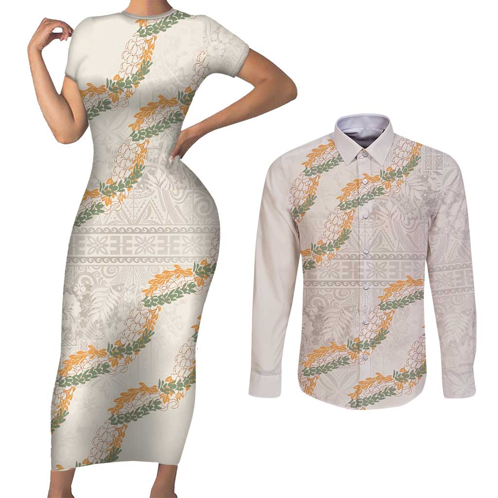 Aloha Pakalana and Puakenikeni Lei Couples Matching Short Sleeve Bodycon Dress and Long Sleeve Button Shirt Beige Hawaiian Pattern LT9 Beige - Polynesian Pride