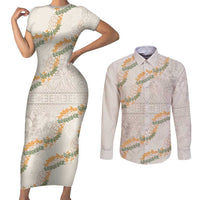Aloha Pakalana and Puakenikeni Lei Couples Matching Short Sleeve Bodycon Dress and Long Sleeve Button Shirt Beige Hawaiian Pattern LT9 Beige - Polynesian Pride