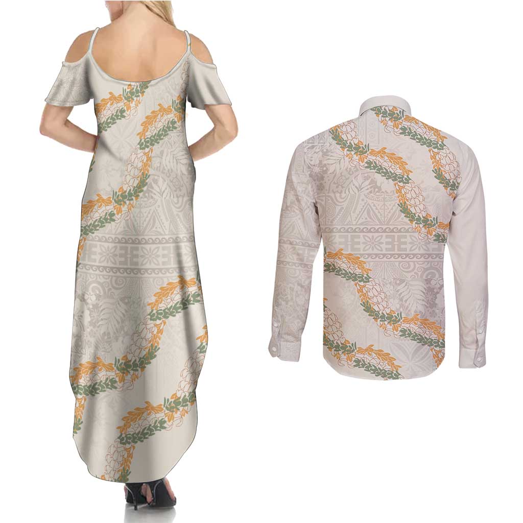 Aloha Pakalana and Puakenikeni Lei Couples Matching Summer Maxi Dress and Long Sleeve Button Shirt Beige Hawaiian Pattern
