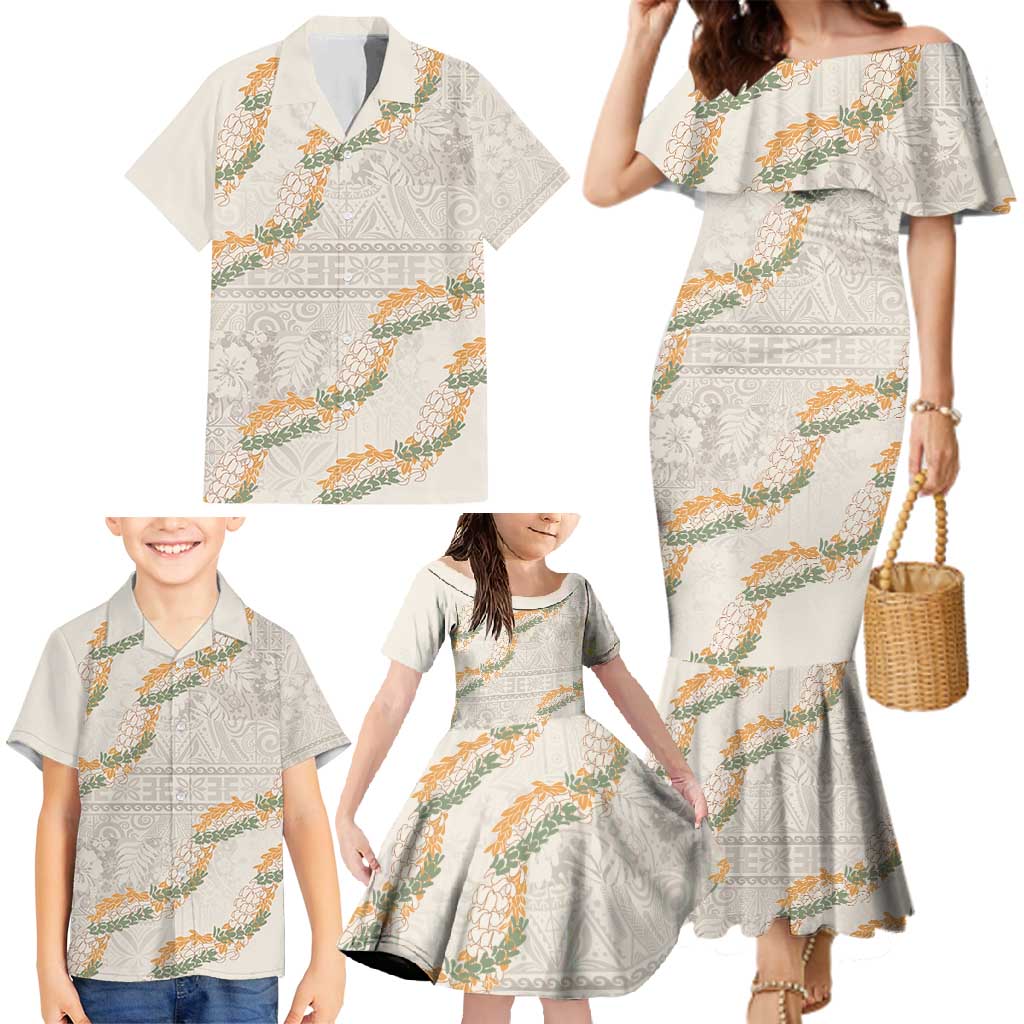 Aloha Pakalana and Puakenikeni Lei Family Matching Mermaid Dress and Hawaiian Shirt Beige Hawaiian Pattern LT9 - Polynesian Pride
