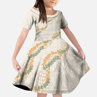 Aloha Pakalana and Puakenikeni Lei Family Matching Off The Shoulder Long Sleeve Dress and Hawaiian Shirt Beige Hawaiian Pattern LT9 Daughter's Dress Beige - Polynesian Pride