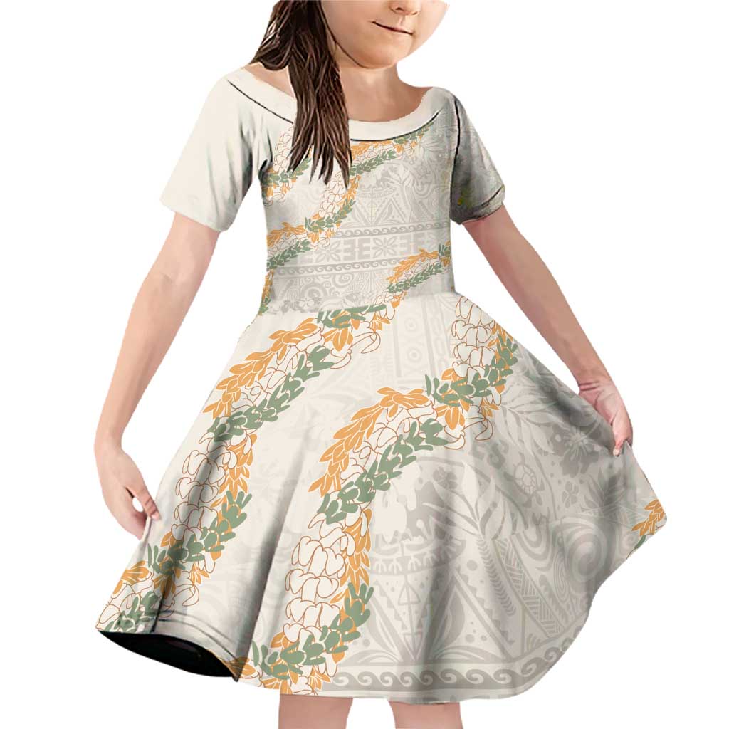Aloha Pakalana and Puakenikeni Lei Family Matching Off Shoulder Short Dress and Hawaiian Shirt Beige Hawaiian Pattern LT9 Daughter's Dress Beige - Polynesian Pride