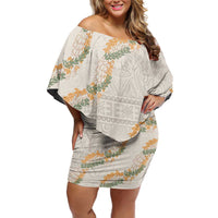 Aloha Pakalana and Puakenikeni Lei Family Matching Off Shoulder Short Dress and Hawaiian Shirt Beige Hawaiian Pattern LT9 Mom's Dress Beige - Polynesian Pride