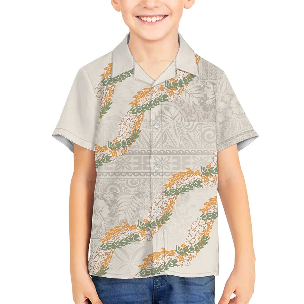 Aloha Pakalana and Puakenikeni Lei Family Matching Off Shoulder Short Dress and Hawaiian Shirt Beige Hawaiian Pattern LT9 Son's Shirt Beige - Polynesian Pride