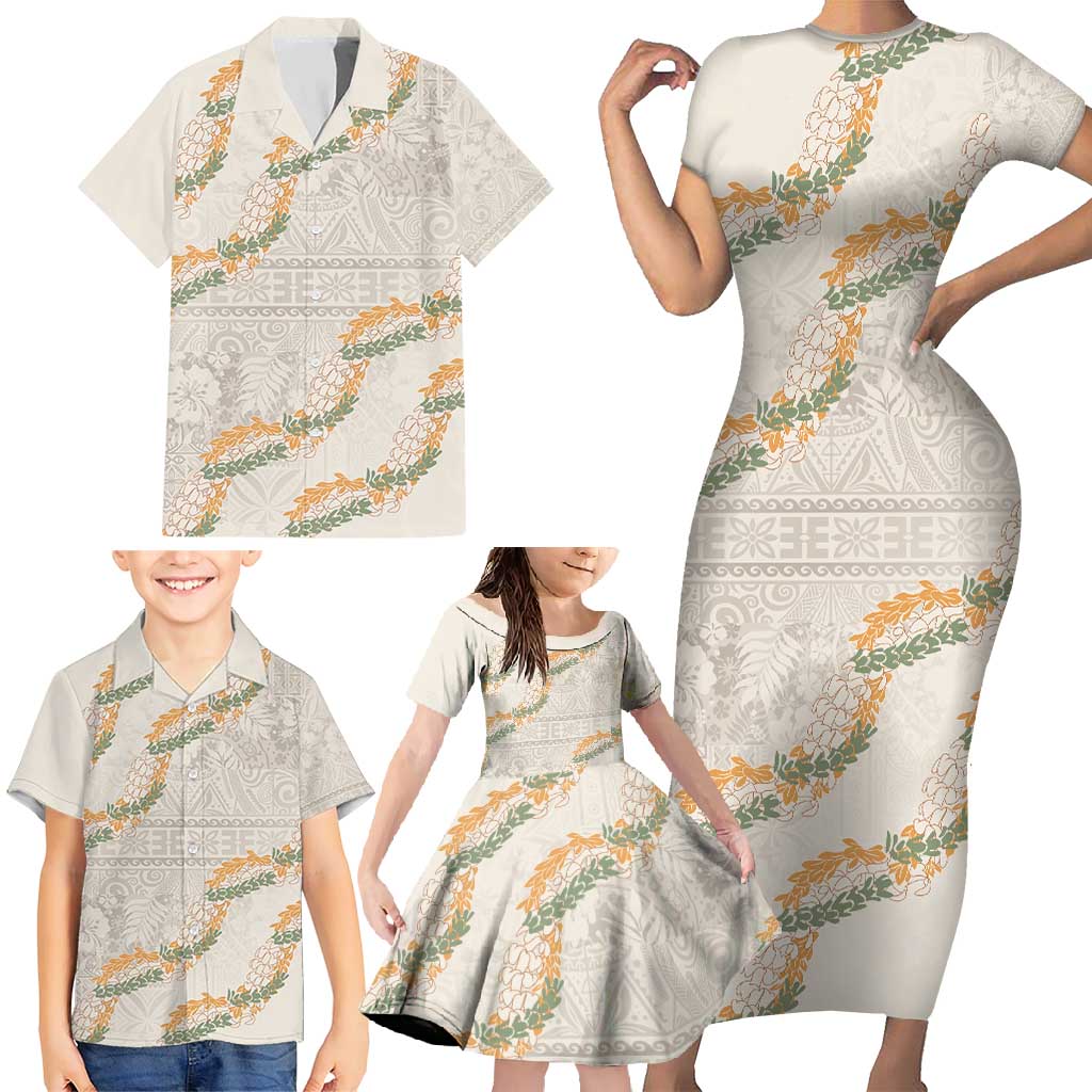 Aloha Pakalana and Puakenikeni Lei Family Matching Short Sleeve Bodycon Dress and Hawaiian Shirt Beige Hawaiian Pattern LT9 - Polynesian Pride