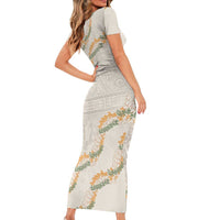 Aloha Pakalana and Puakenikeni Lei Family Matching Short Sleeve Bodycon Dress and Hawaiian Shirt Beige Hawaiian Pattern LT9 - Polynesian Pride