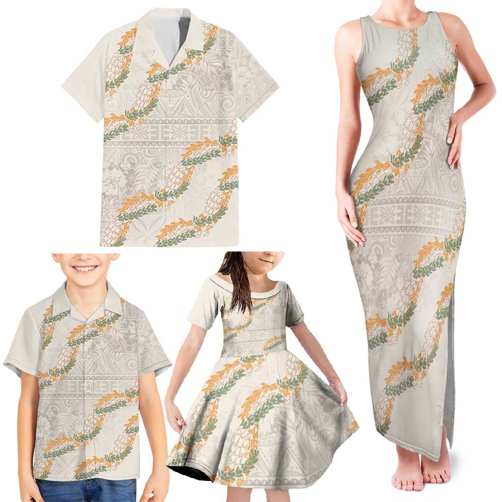 Aloha Pakalana and Puakenikeni Lei Family Matching Tank Maxi Dress and Hawaiian Shirt Beige Hawaiian Pattern LT9 - Polynesian Pride