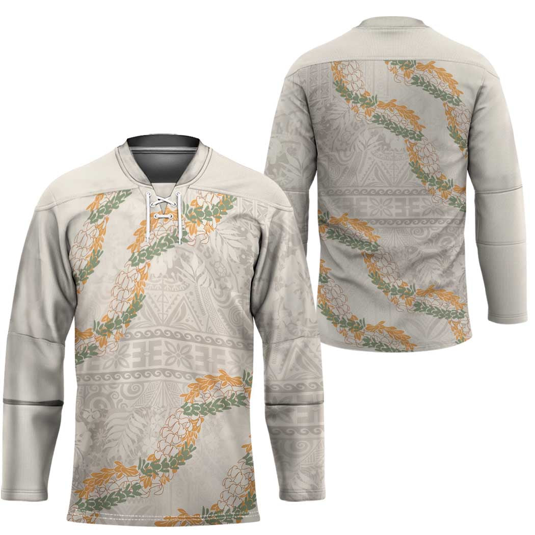 Aloha Pakalana and Puakenikeni Lei Hockey Jersey Beige Hawaiian Pattern - Polynesian Pride