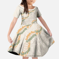 Aloha Pakalana and Puakenikeni Lei Kid Short Sleeve Dress Beige Hawaiian Pattern