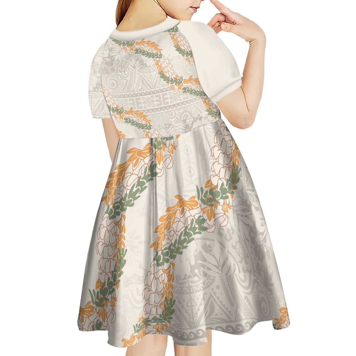 Aloha Pakalana and Puakenikeni Lei Kid Short Sleeve Dress Beige Hawaiian Pattern