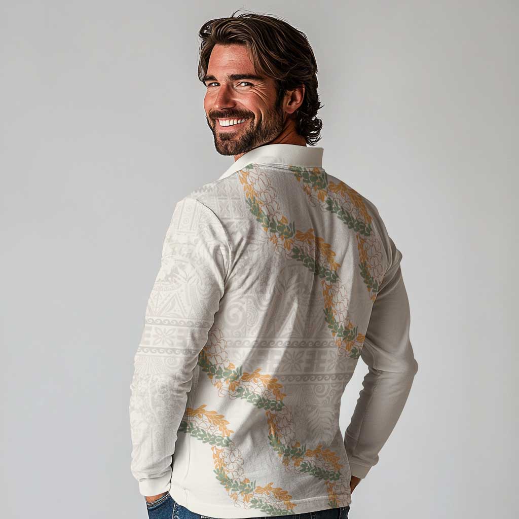 Aloha Pakalana and Puakenikeni Lei Long Sleeve Polo Shirt Beige Hawaiian Pattern