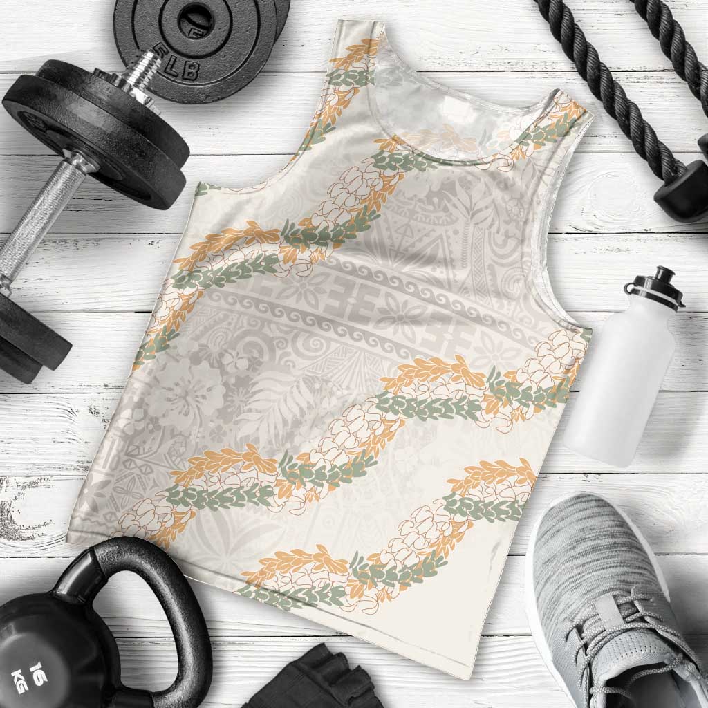 Aloha Pakalana and Puakenikeni Lei Men Tank Top Beige Hawaiian Pattern