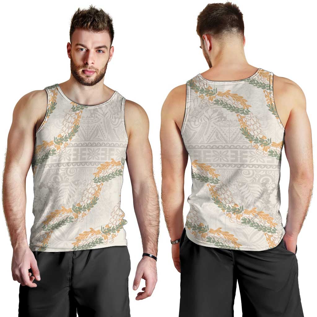 Aloha Pakalana and Puakenikeni Lei Men Tank Top Beige Hawaiian Pattern