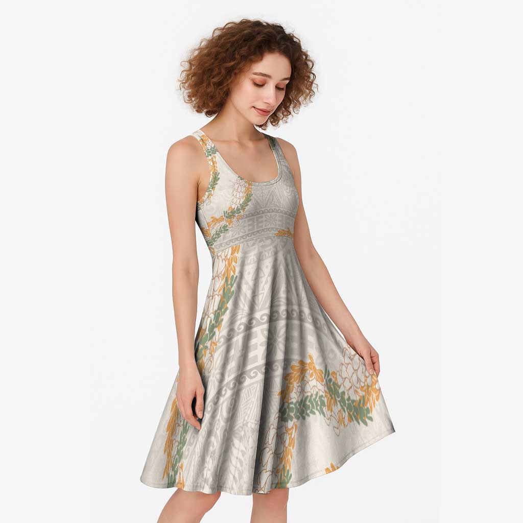 Aloha Pakalana and Puakenikeni Lei Midi Dress Beige Hawaiian Pattern - Polynesian Pride