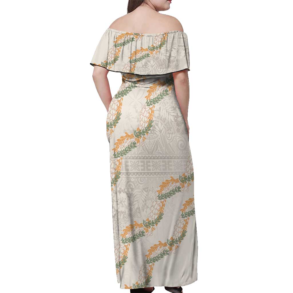 Aloha Pakalana and Puakenikeni Lei Off Shoulder Maxi Dress Beige Hawaiian Pattern