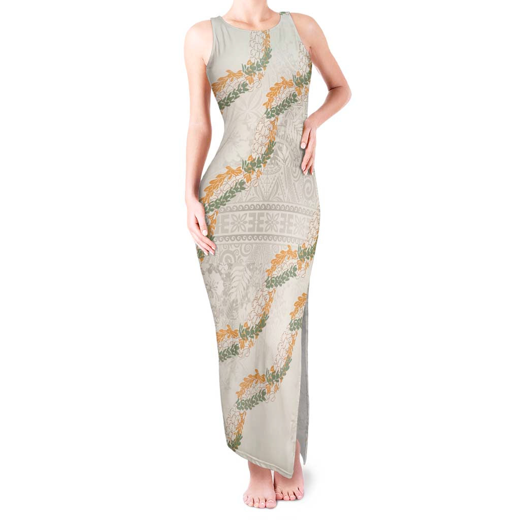 Aloha Pakalana and Puakenikeni Lei Tank Maxi Dress Beige Hawaiian Pattern
