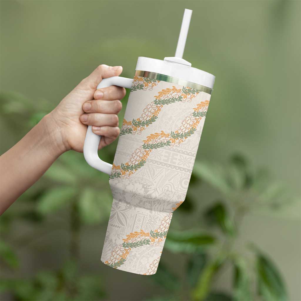 Aloha Pakalana and Puakenikeni Lei Tumbler With Handle Beige Hawaiian Pattern