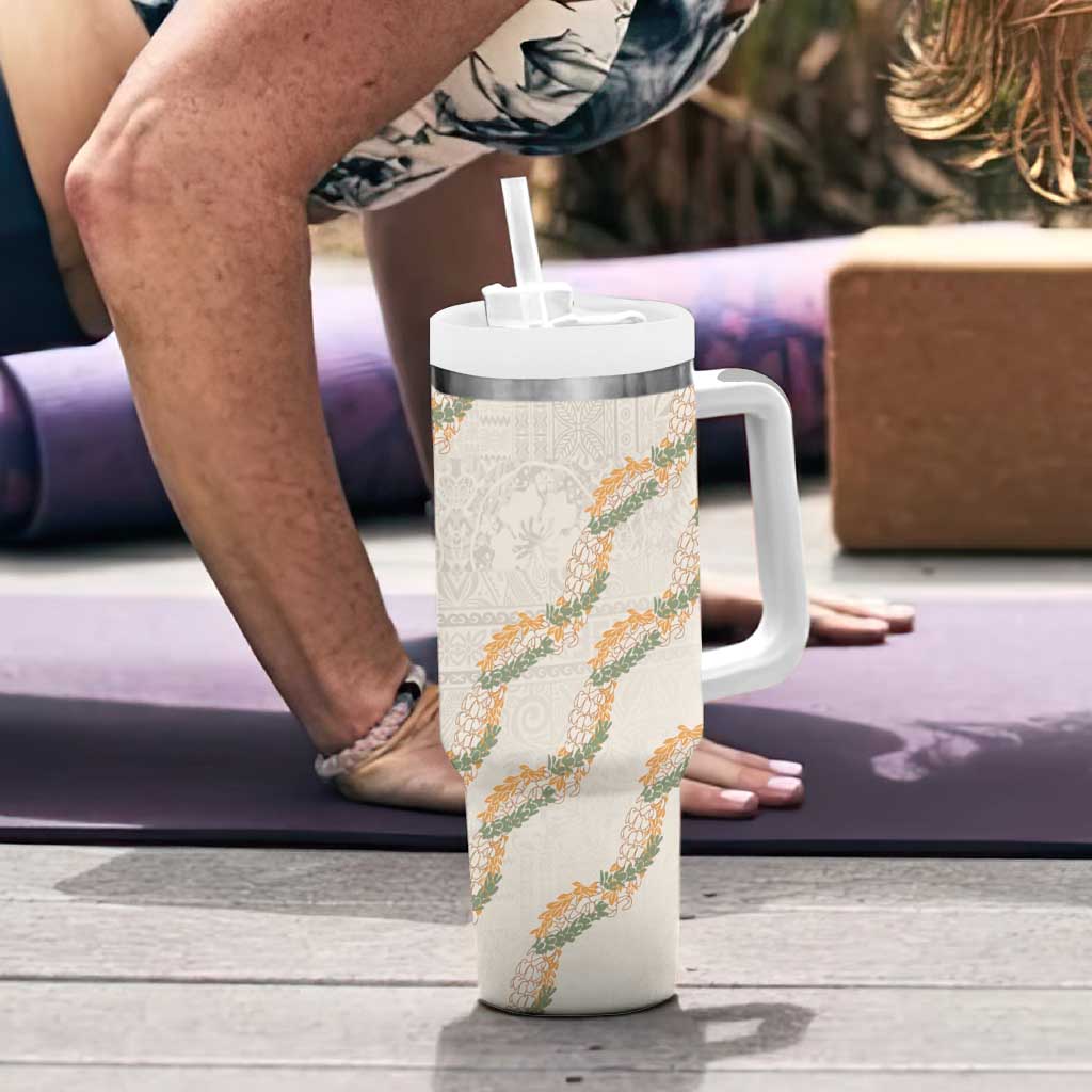Aloha Pakalana and Puakenikeni Lei Tumbler With Handle Beige Hawaiian Pattern