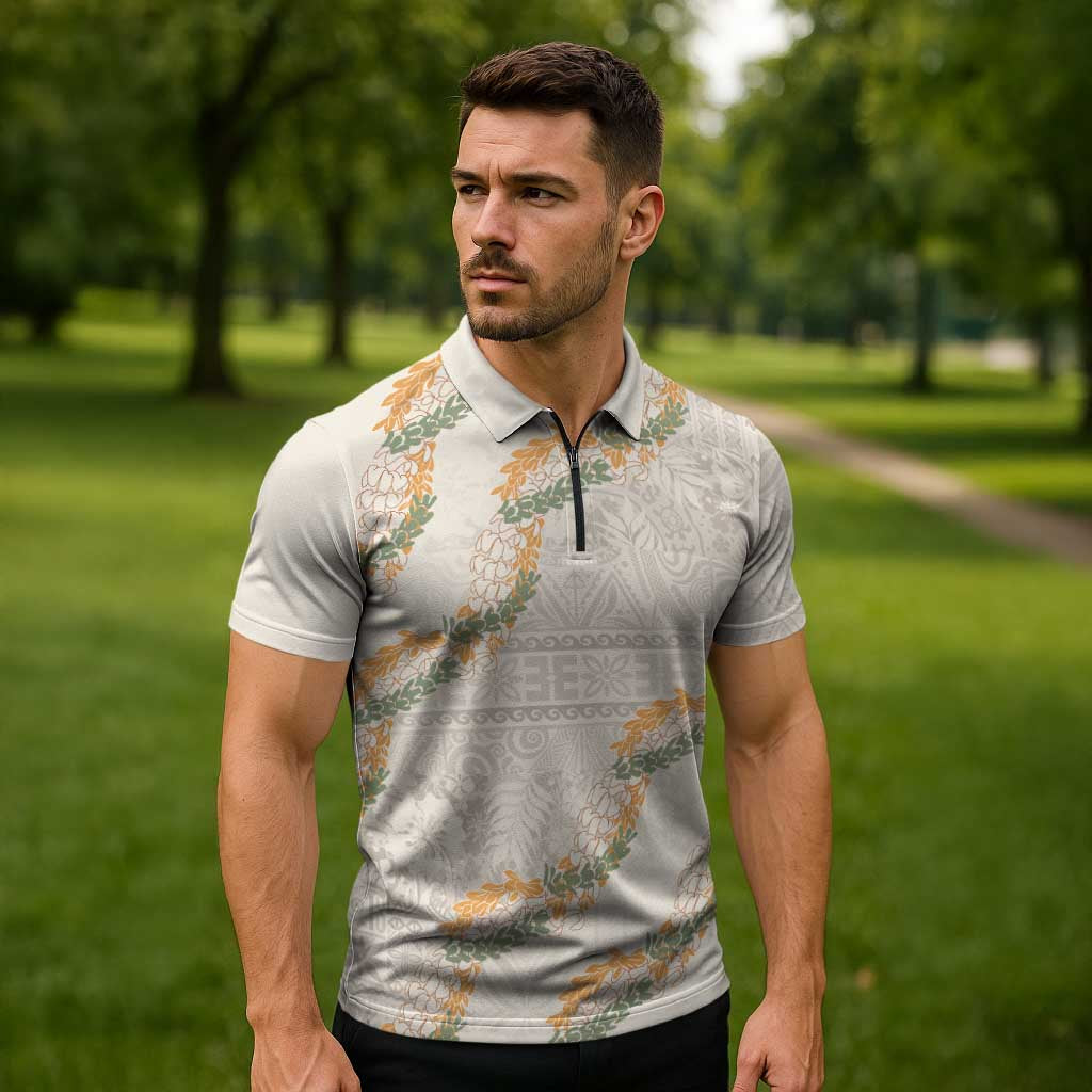 Aloha Pakalana and Puakenikeni Lei Zipper Polo Shirt Beige Hawaiian Pattern - Polynesian Pride
