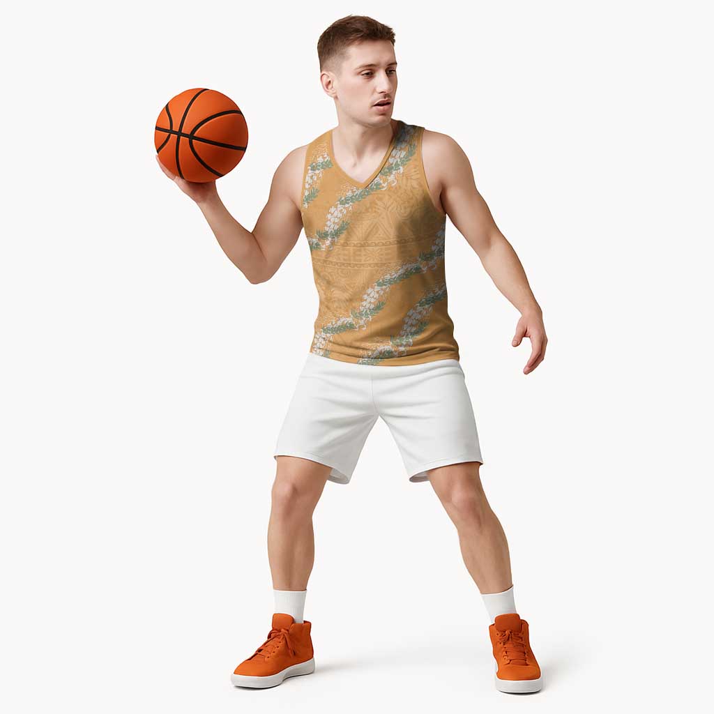 Aloha Pakalana and Puakenikeni Lei Basketball Jersey Gold Hawaiian Pattern - Polynesian Pride