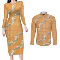 Aloha Pakalana and Puakenikeni Lei Couples Matching Long Sleeve Bodycon Dress and Long Sleeve Button Shirt Gold Hawaiian Pattern LT9 Gold - Polynesian Pride