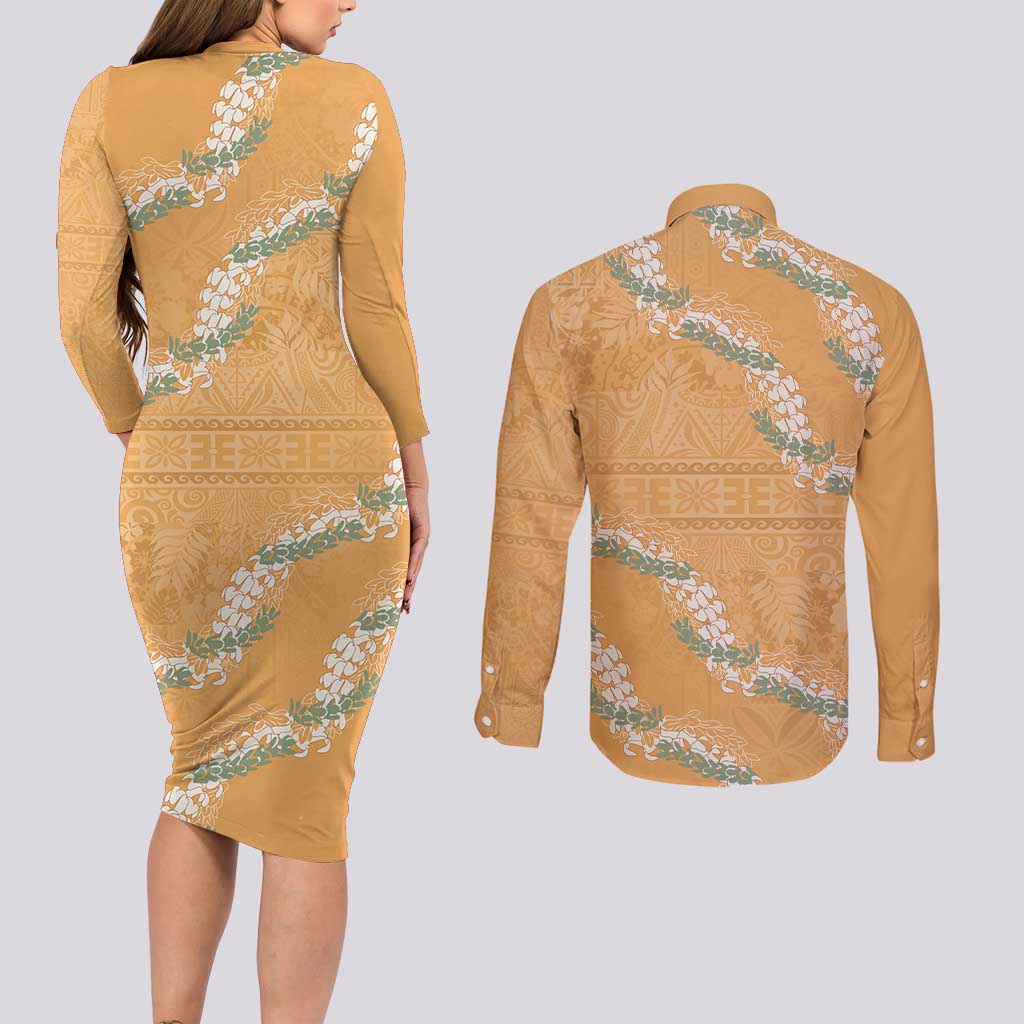 Aloha Pakalana and Puakenikeni Lei Couples Matching Long Sleeve Bodycon Dress and Long Sleeve Button Shirt Gold Hawaiian Pattern LT9 - Polynesian Pride