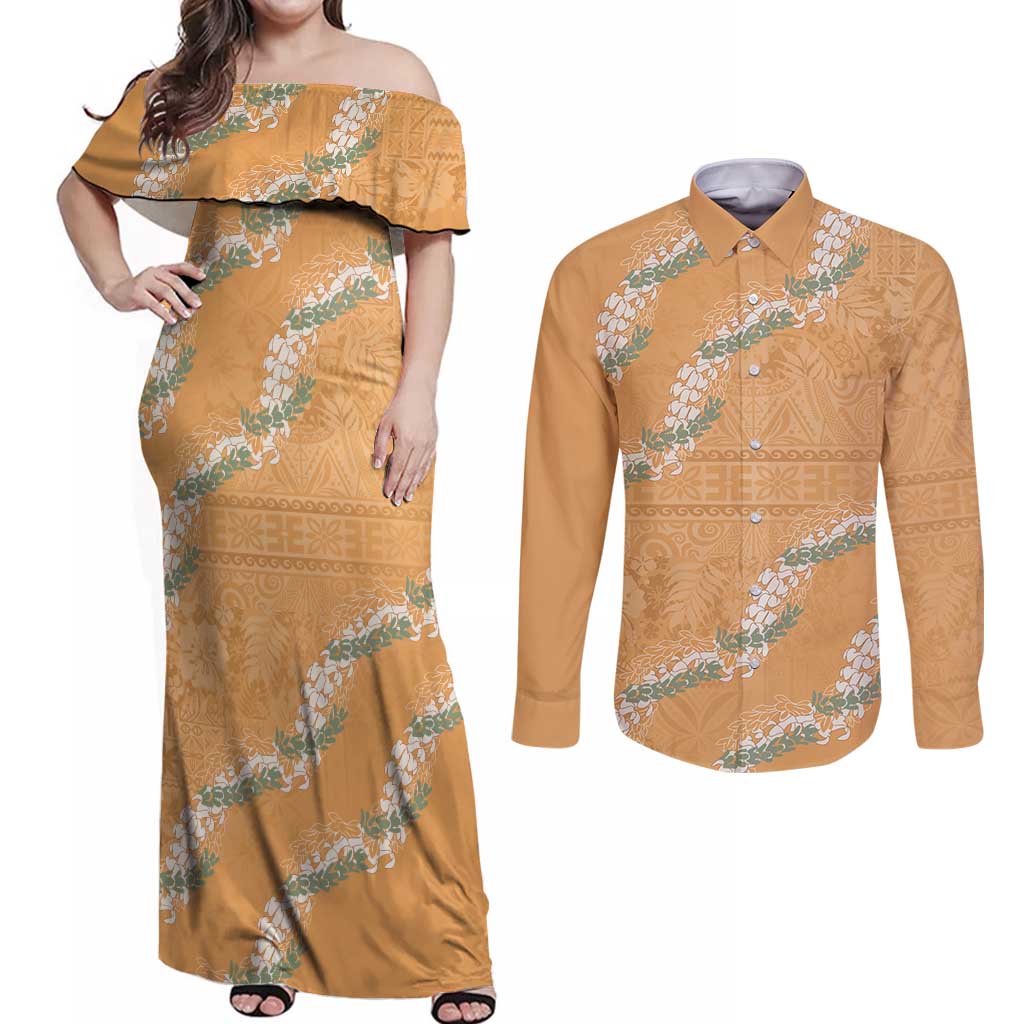 Aloha Pakalana and Puakenikeni Lei Couples Matching Off Shoulder Maxi Dress and Long Sleeve Button Shirt Gold Hawaiian Pattern