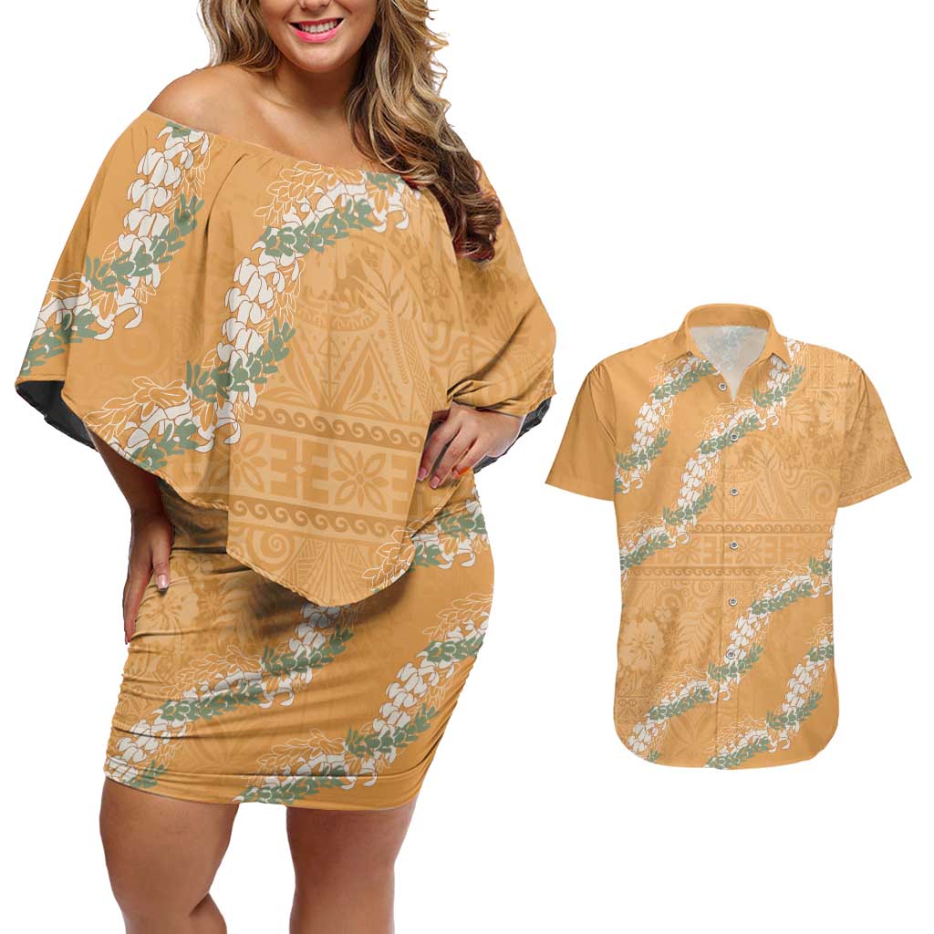 Aloha Pakalana and Puakenikeni Lei Couples Matching Off Shoulder Short Dress and Hawaiian Shirt Gold Hawaiian Pattern LT9 Gold - Polynesian Pride