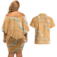 Aloha Pakalana and Puakenikeni Lei Couples Matching Off Shoulder Short Dress and Hawaiian Shirt Gold Hawaiian Pattern LT9 - Polynesian Pride