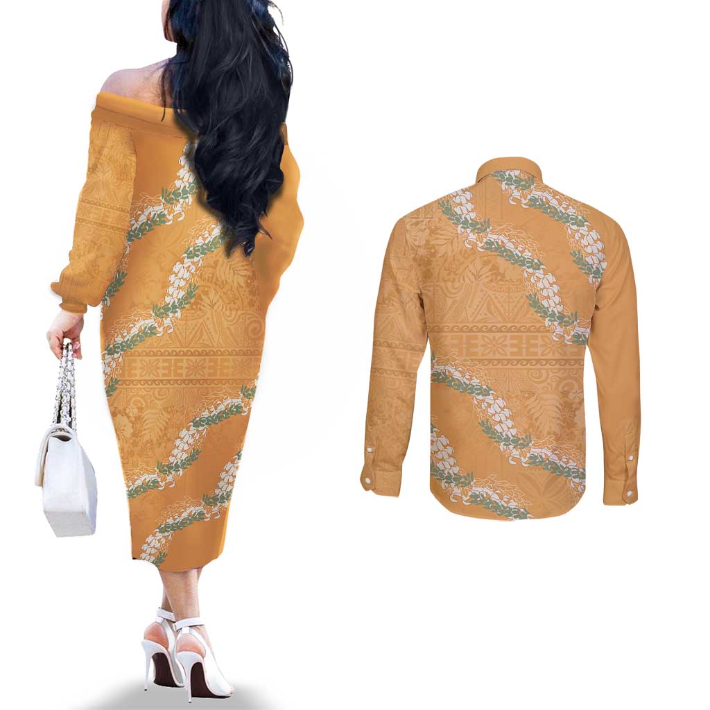 Aloha Pakalana and Puakenikeni Lei Couples Matching Off The Shoulder Long Sleeve Dress and Long Sleeve Button Shirt Gold Hawaiian Pattern LT9 - Polynesian Pride