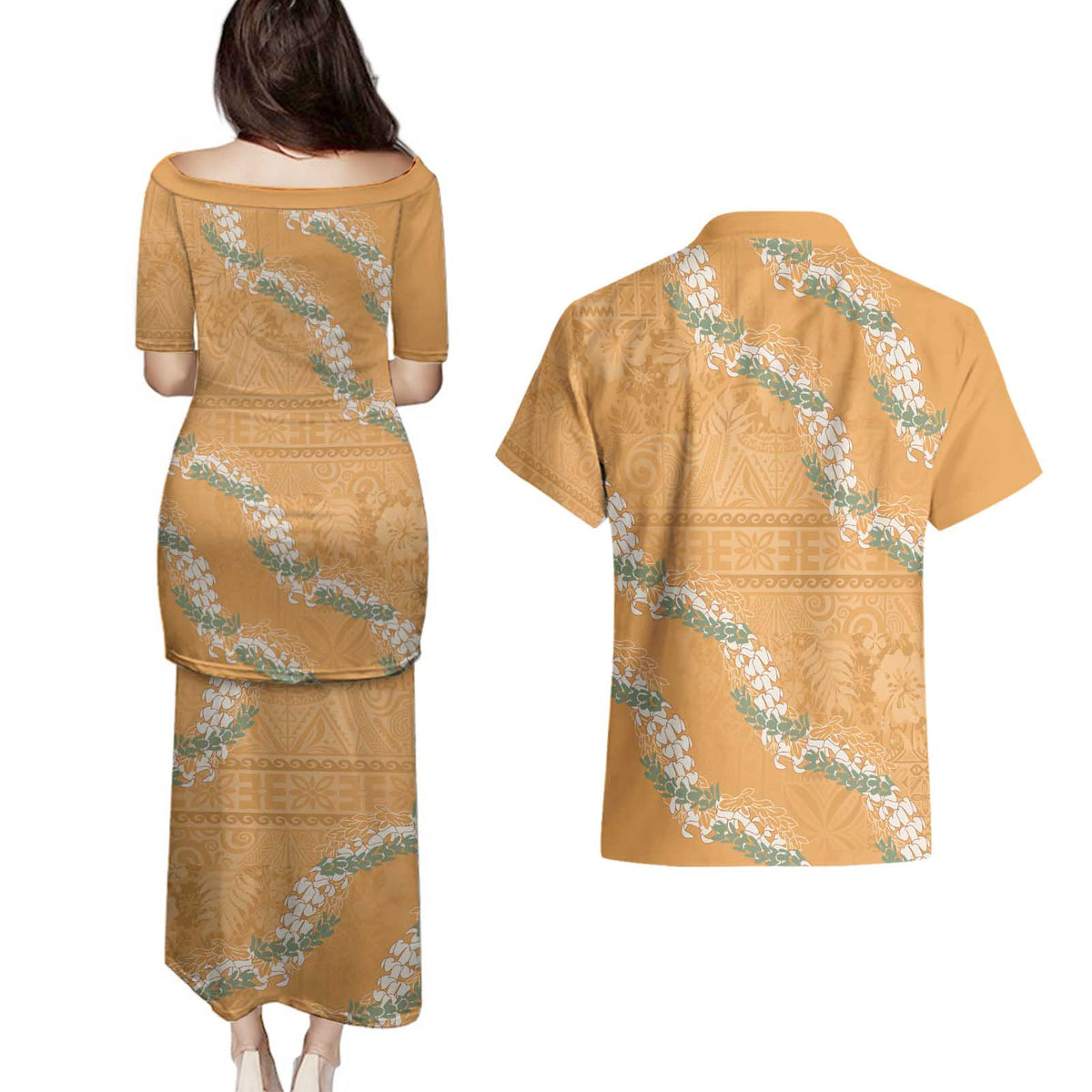 Aloha Pakalana and Puakenikeni Lei Couples Matching Puletasi and Hawaiian Shirt Gold Hawaiian Pattern