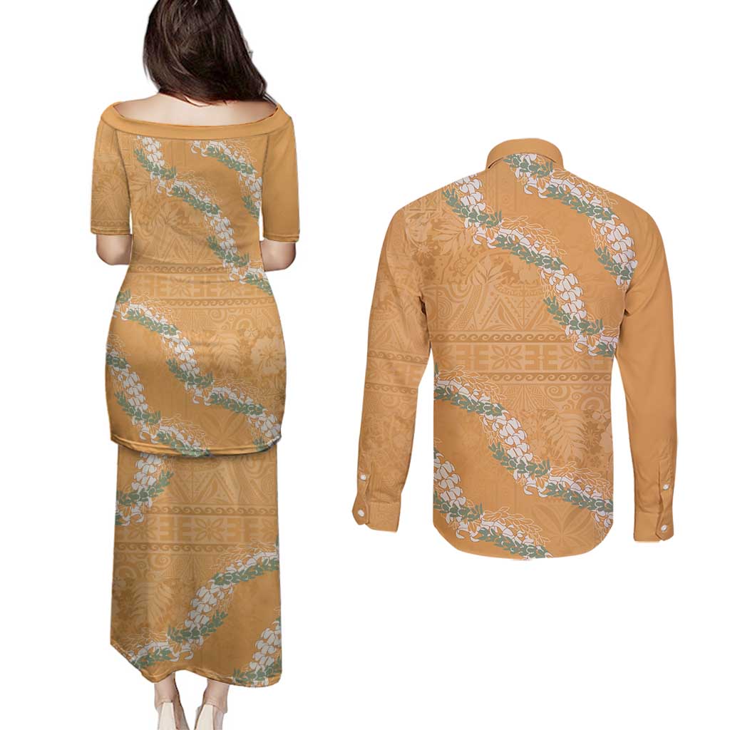 Aloha Pakalana and Puakenikeni Lei Couples Matching Puletasi and Long Sleeve Button Shirt Gold Hawaiian Pattern