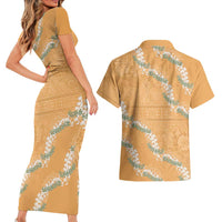 Aloha Pakalana and Puakenikeni Lei Couples Matching Short Sleeve Bodycon Dress and Hawaiian Shirt Gold Hawaiian Pattern LT9 - Polynesian Pride