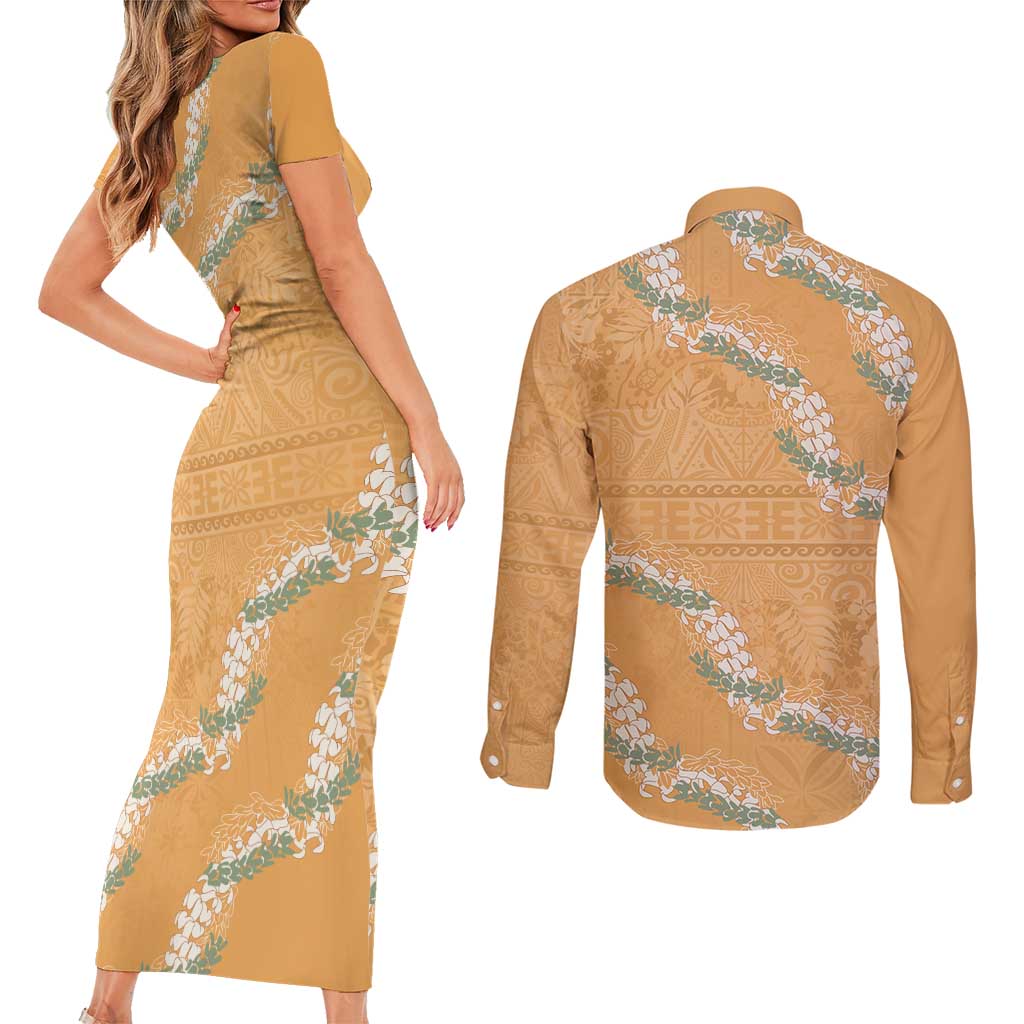 Aloha Pakalana and Puakenikeni Lei Couples Matching Short Sleeve Bodycon Dress and Long Sleeve Button Shirt Gold Hawaiian Pattern LT9 - Polynesian Pride