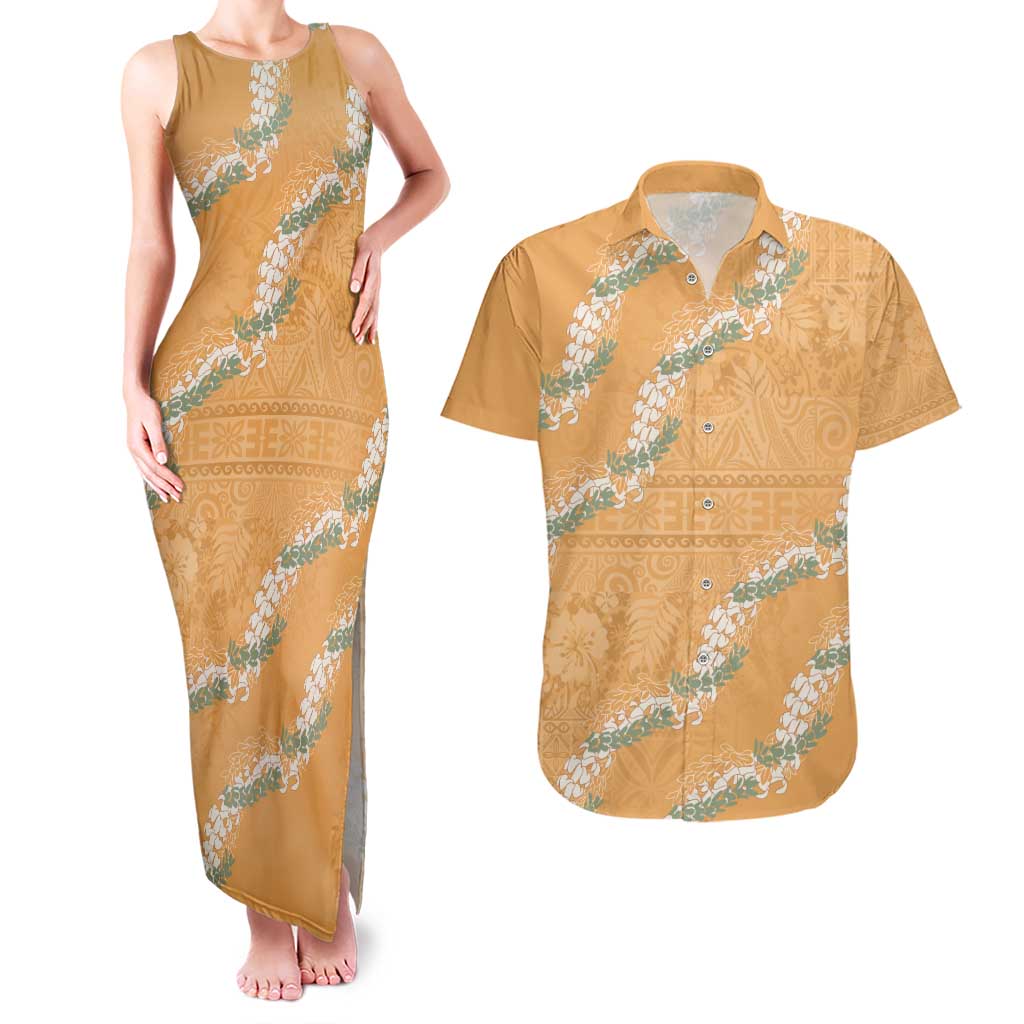 Aloha Pakalana and Puakenikeni Lei Couples Matching Tank Maxi Dress and Hawaiian Shirt Gold Hawaiian Pattern LT9 Gold - Polynesian Pride