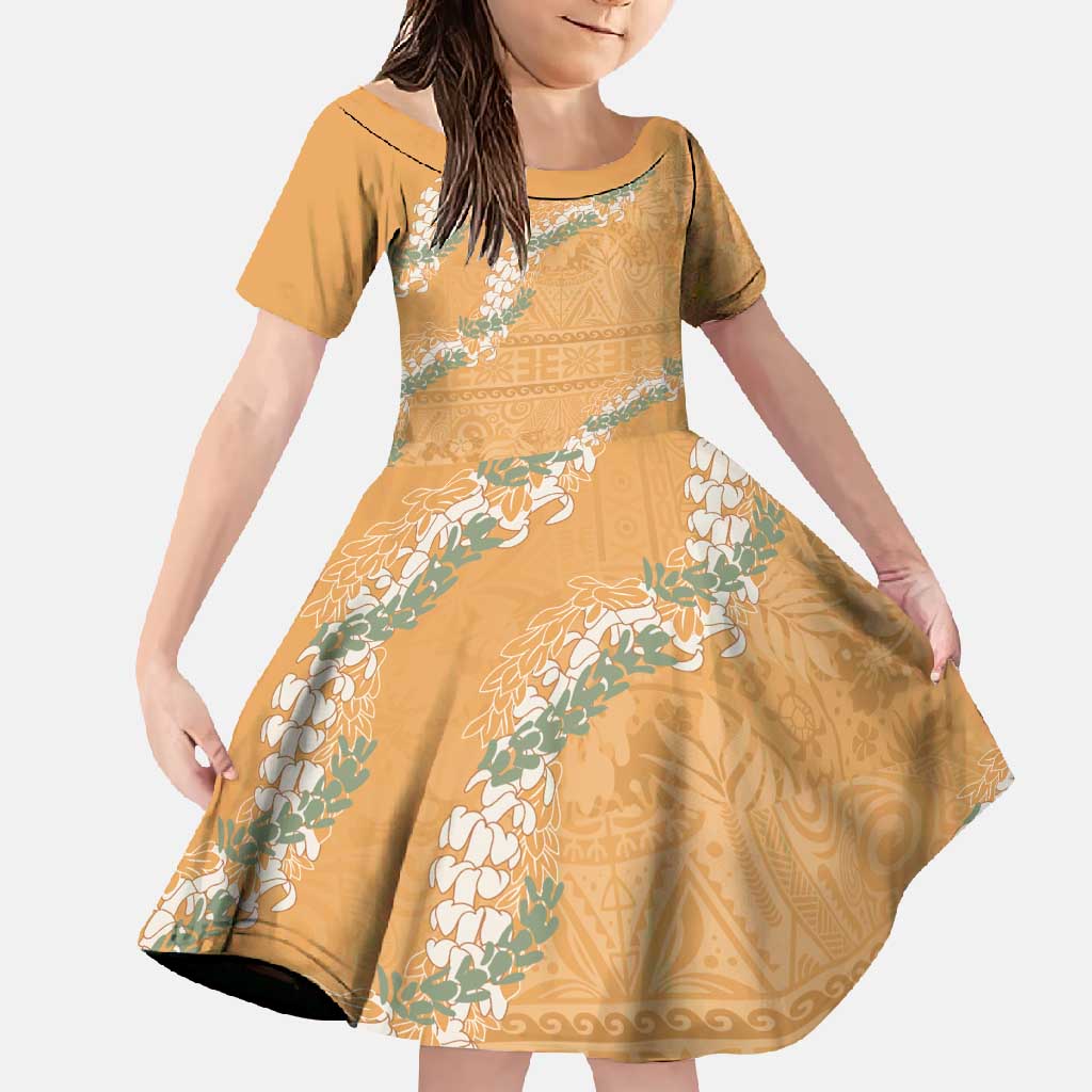 Aloha Pakalana and Puakenikeni Lei Family Matching Long Sleeve Bodycon Dress and Hawaiian Shirt Gold Hawaiian Pattern LT9 Daughter's Dress Gold - Polynesian Pride