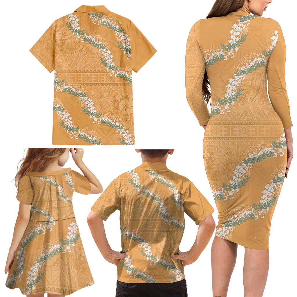 Aloha Pakalana and Puakenikeni Lei Family Matching Long Sleeve Bodycon Dress and Hawaiian Shirt Gold Hawaiian Pattern LT9 - Polynesian Pride