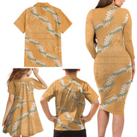 Aloha Pakalana and Puakenikeni Lei Family Matching Long Sleeve Bodycon Dress and Hawaiian Shirt Gold Hawaiian Pattern LT9 - Polynesian Pride