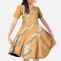 Aloha Pakalana and Puakenikeni Lei Family Matching Off The Shoulder Long Sleeve Dress and Hawaiian Shirt Gold Hawaiian Pattern LT9 Daughter's Dress Gold - Polynesian Pride