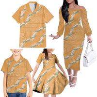 Aloha Pakalana and Puakenikeni Lei Family Matching Off The Shoulder Long Sleeve Dress and Hawaiian Shirt Gold Hawaiian Pattern LT9 - Polynesian Pride