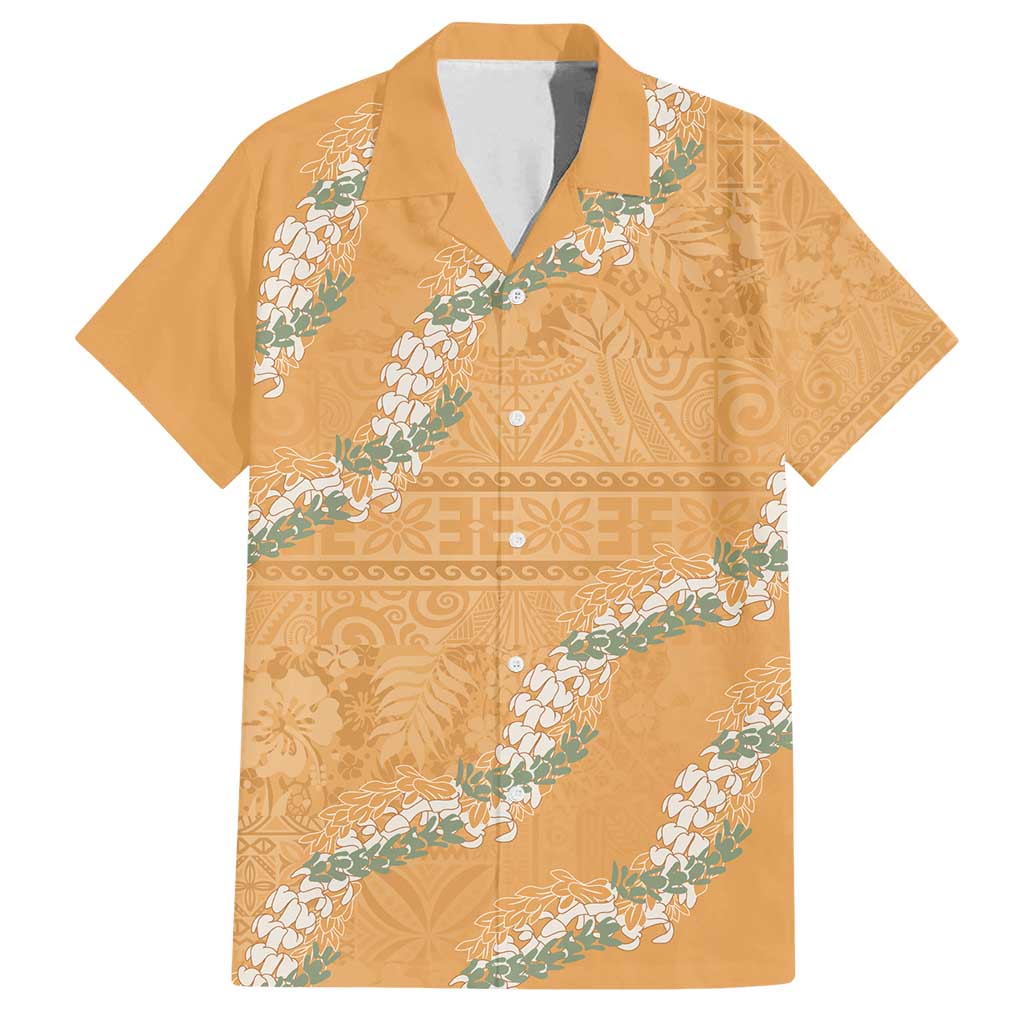 Aloha Pakalana and Puakenikeni Lei Family Matching Off Shoulder Maxi Dress and Hawaiian Shirt Gold Hawaiian Pattern LT9 Dad's Shirt - Short Sleeve Gold - Polynesian Pride