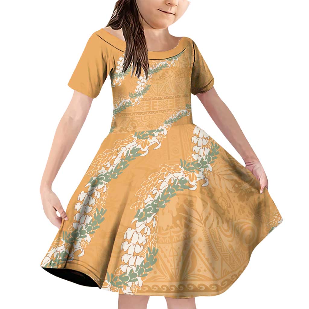 Aloha Pakalana and Puakenikeni Lei Family Matching Off Shoulder Short Dress and Hawaiian Shirt Gold Hawaiian Pattern LT9 Daughter's Dress Gold - Polynesian Pride